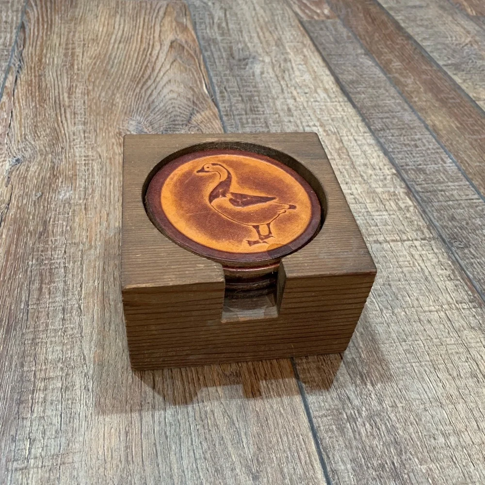 Vintage Fish Enterprises Leather Bird Embossed Drink Coasters Duck Mallard Bar